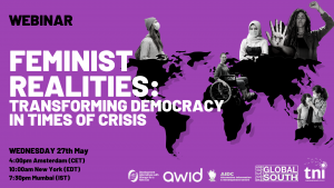 Ad for a webinar called Feminist Realities: Transforming Democracy in Times of Crisis. Purple background. White headline. Image of continents with photos of diverse women overlaid.
