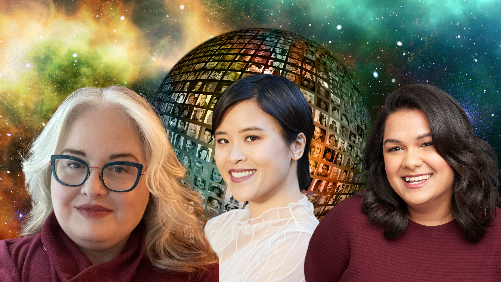 An image of three women against futuristic backdrop with a globe made up of people photos