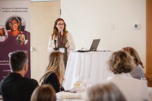 CanWaCH CEO Julia Anderson speaking to a group on behalf of Equal Futures Network
