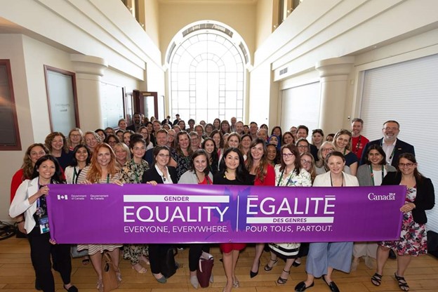 An image of about 100 people, 90% women, at the launch of the Equal Futures Network in 2020.