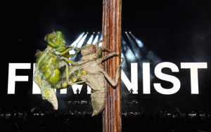 Dragon fly coming out of its nymph shell against black background that says "feminist"