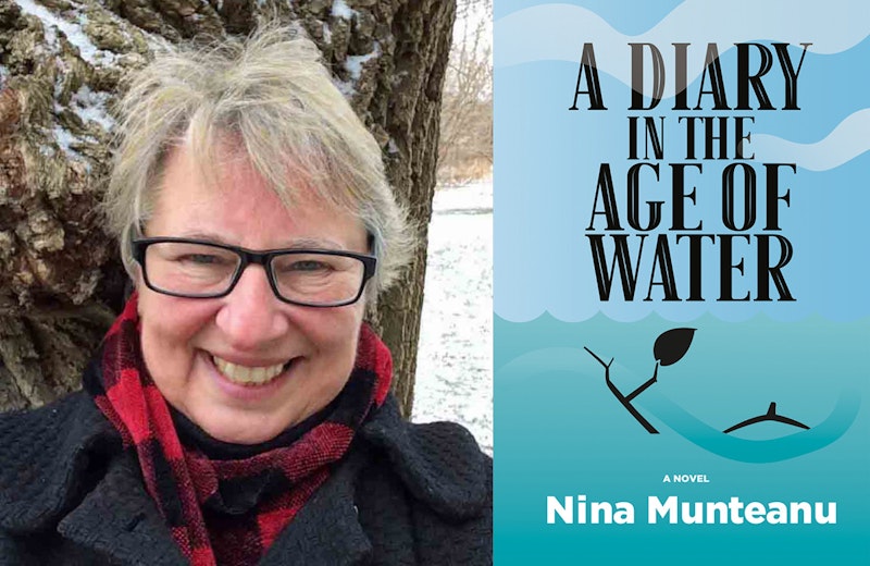 Imnage of author Nina Munteanu, blonde short hair, black framed glasses and book cover.