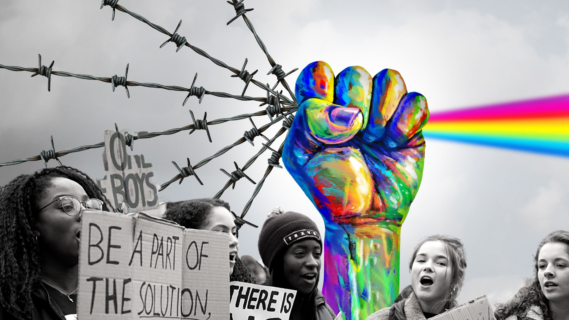 illustration of fist raised against grey sky holding barbed wire that turns into a 4 colour rainbow