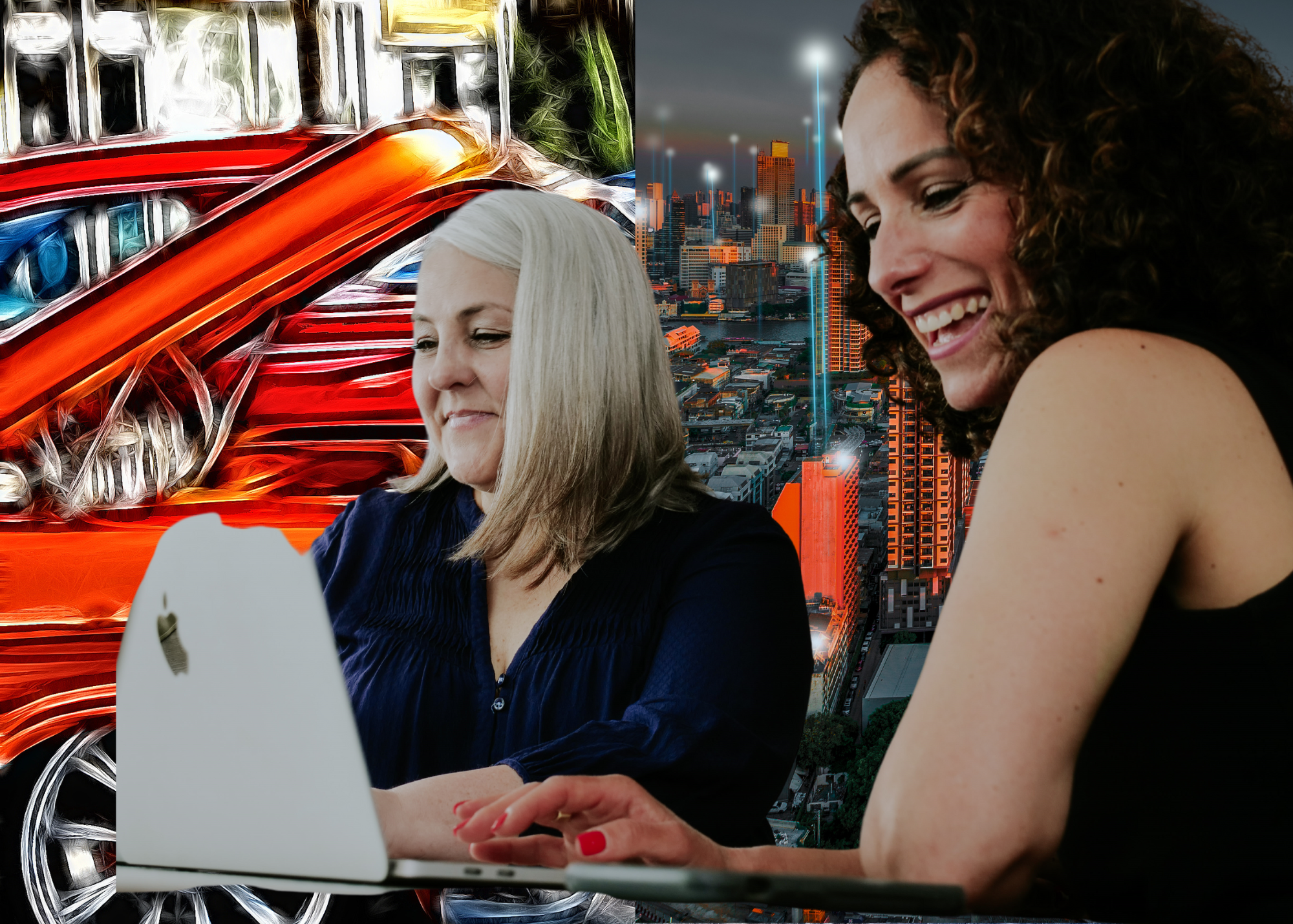 Image of two women working on a computer with a colourful art background/collage style image.