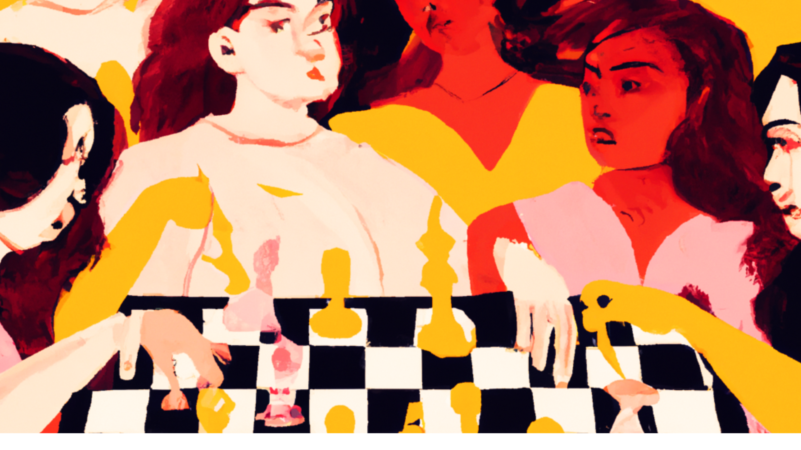 an orange, brown yellow ai generated illustration showing women playing chess.