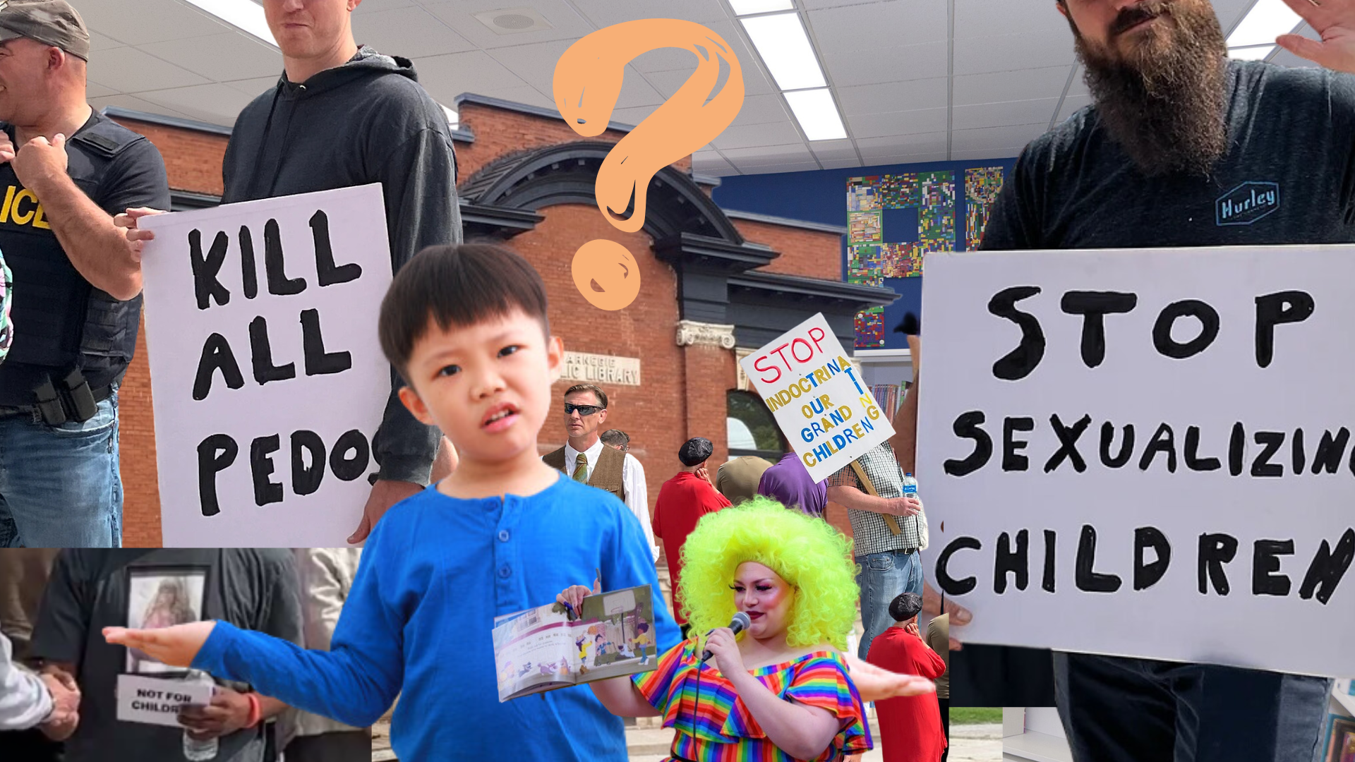 Collage showing young boy confused by anti-trans hate protestors