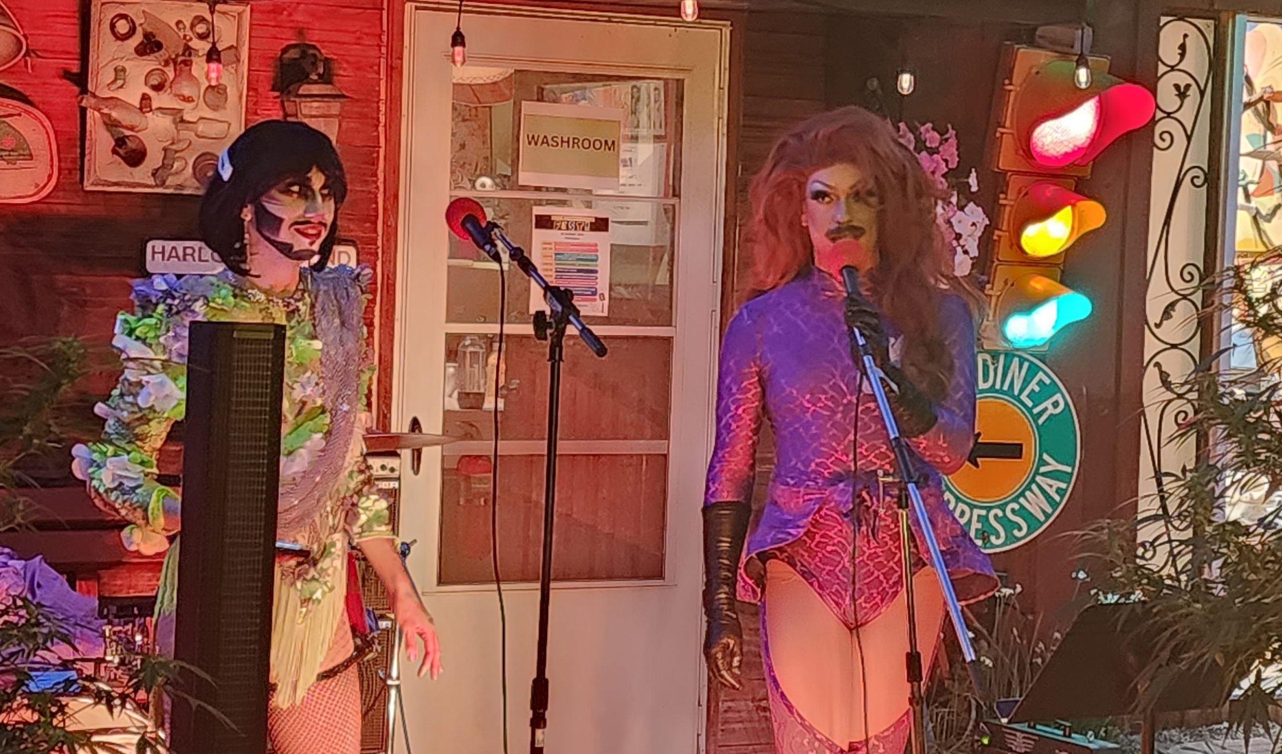 photo of two drag queens performing in a backyard.